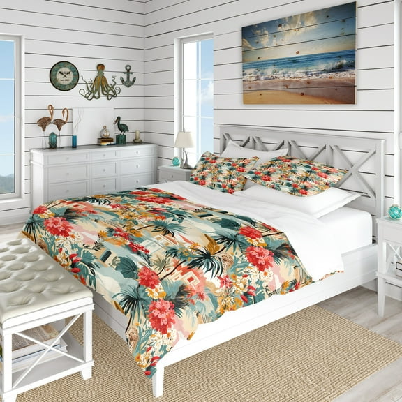 Designart "Concrete Jungle Tapestry" Beige Tropical Bedding Covert Set - Tropical Bed Set With 2 Shams
