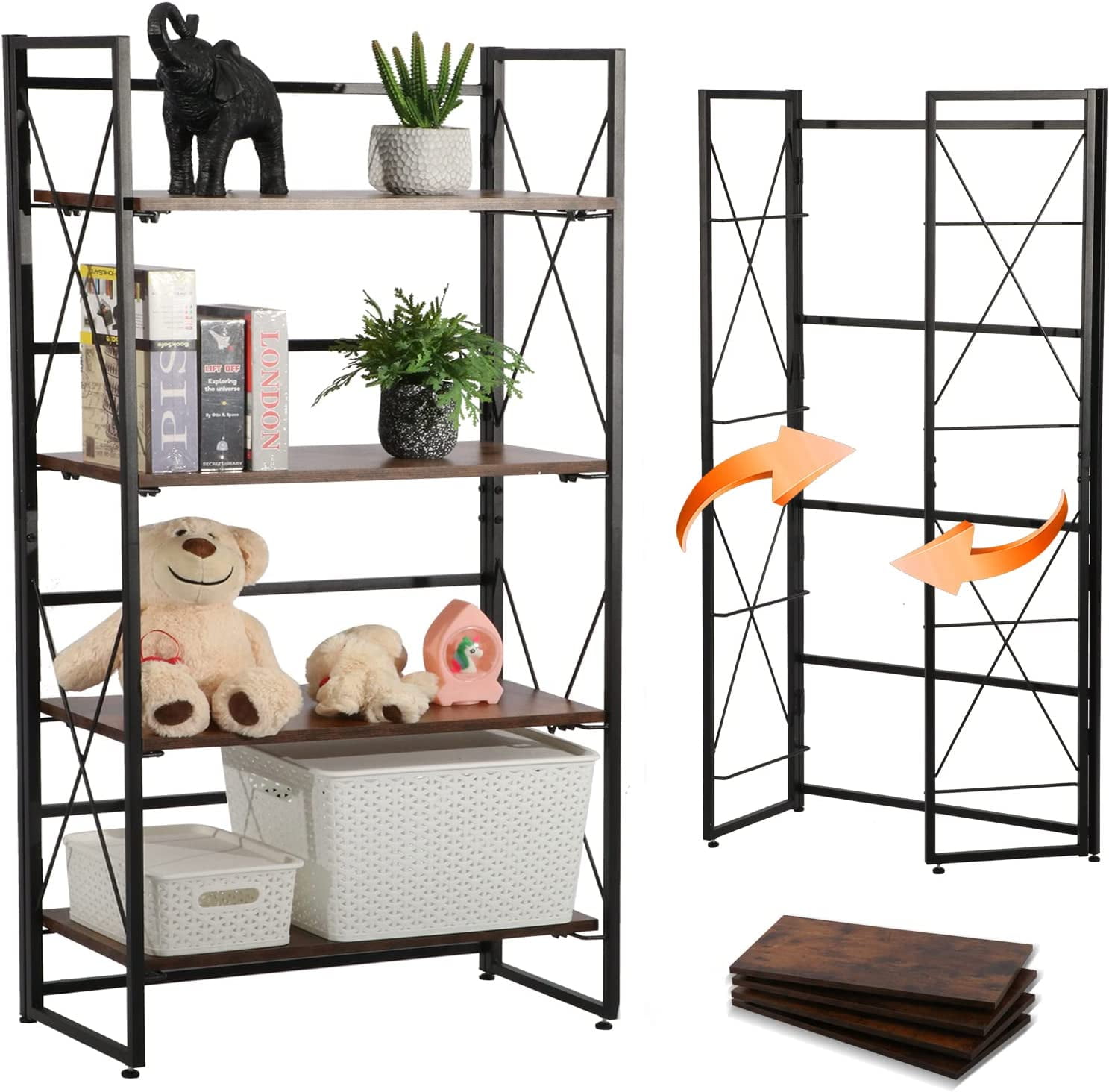 Folding Bookshelf 4 Tier Bookcases Storage Shelves Stand Standing Book