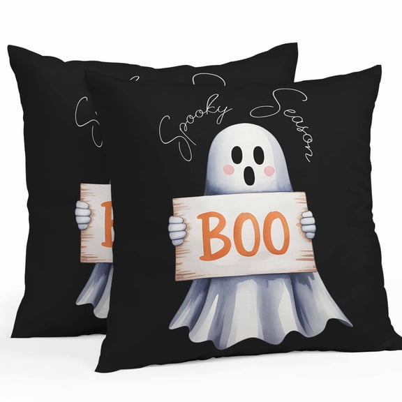 Outdoor Waterproof Pillow Covers Halloween Ghost Boo on Black Decorative Throw Pillow Protectors,Cartoon Style Pillowcase Cushion Cases for Patio Sofa Garden Couch,16x16in,Pack of 2