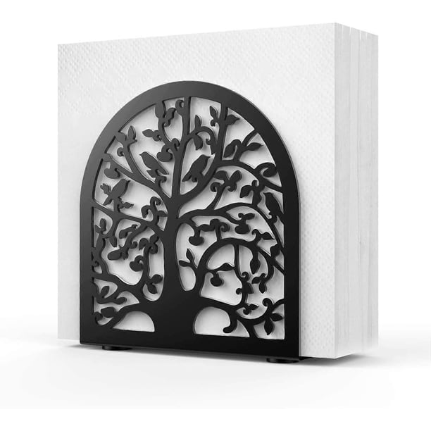 Napkin Holder, Paper Napkin Holder with Hollow Tree and Bird Pattern, Tissue Dispenser for Dining Table - Black