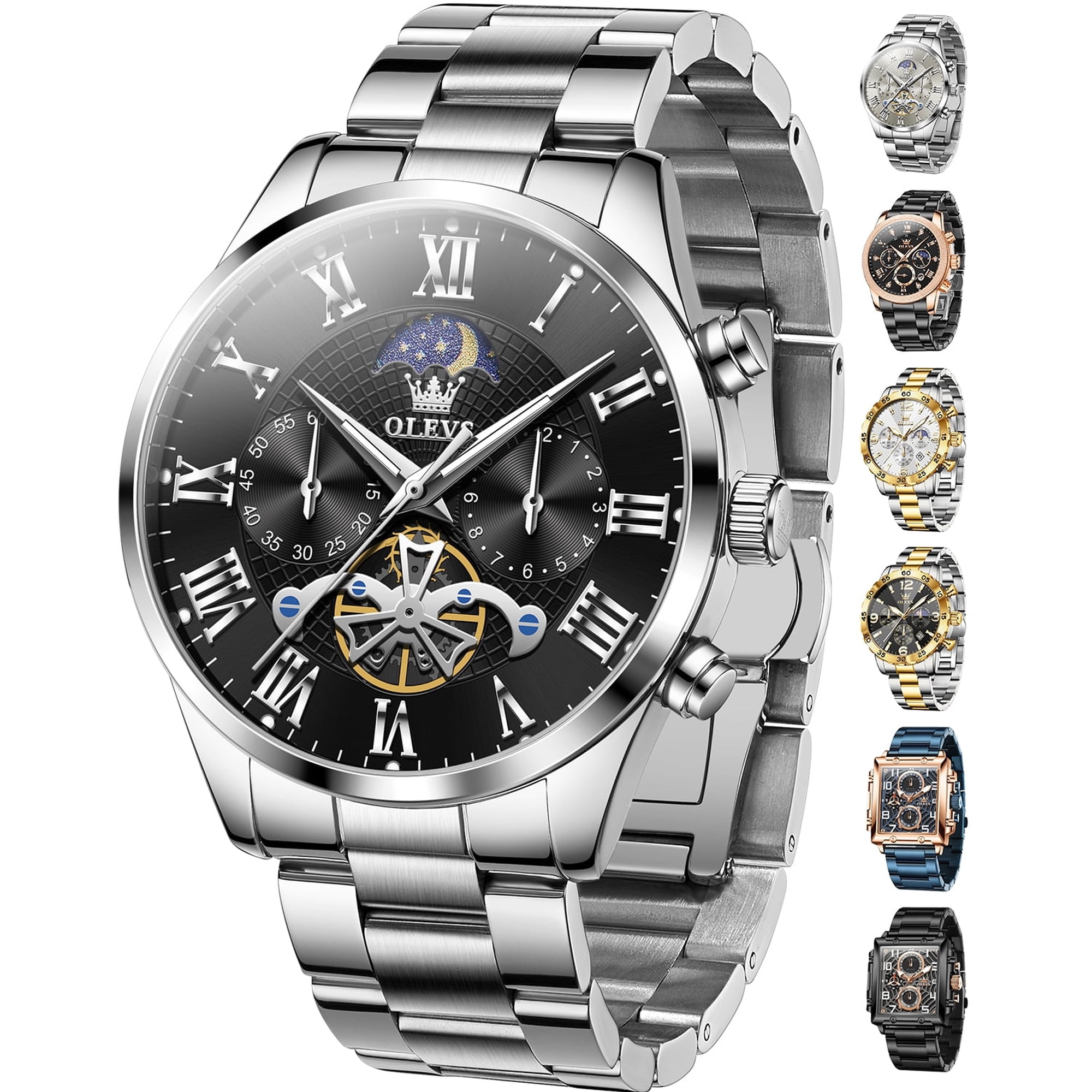 OLEVS Chronograph Watches for Men Waterproof Business Dress Analog Quartz Luxury Moon Phase Stainless Steel Roman Numeral Luminous Casual Mens Wrist Watches Reloj Para Hombre