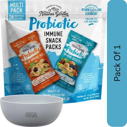 Nature’s Garden Probiotic Immune Booster Trail Mix — Variety Pack, 1.2 oz Snack Packs (24 pk),With Olive White Bowl By OMA