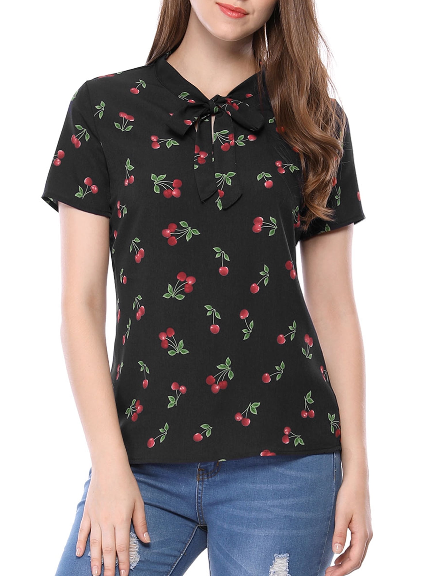 Unique Bargains Women's Cherry Printed Tie Bow Neck Short Sleeve Blouse Top Black-Cherry S