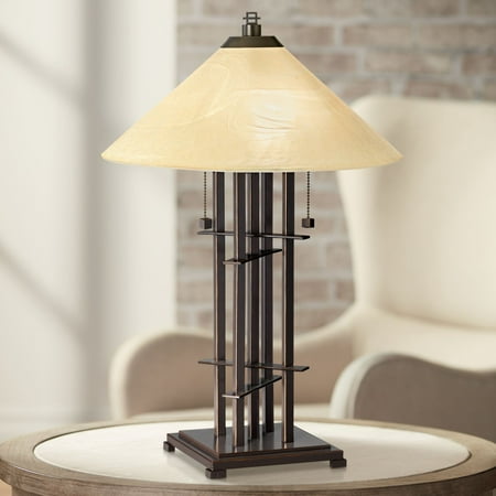 - Franklin Iron Works Mission Accent Table Lamp Bronze Cone Alabaster Art Glass Shade for Living Room Family Bedroom Bedside Office