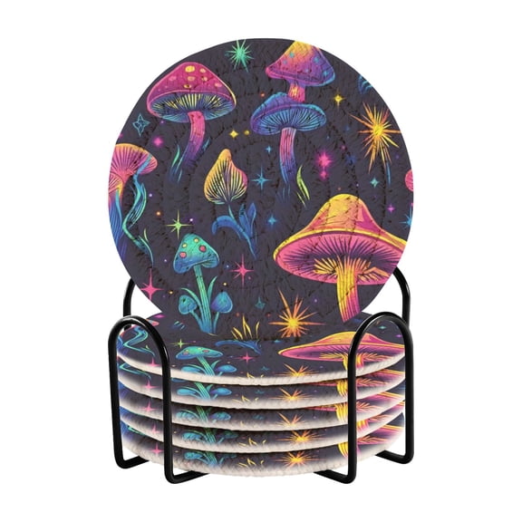Haosy Set of 6 Drink Woven Coaster with Holder Heat Resistant Non-Slip Bar Coasters 4 Inches Neon Mushroom and Star