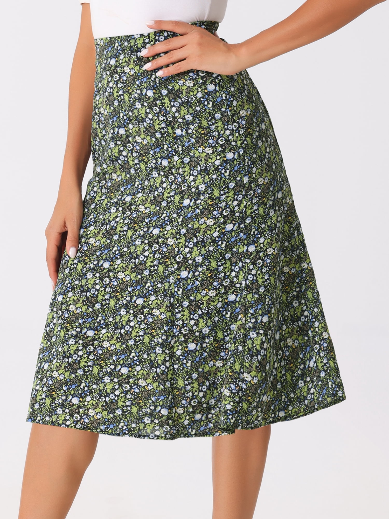 DARING DIVA Women's Elastic Waist A-Line Floral Print Midi Skirt L Black Green
