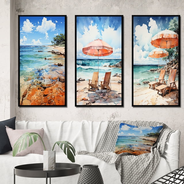 Designart "Southern Shoreline Echoes" Nautical & Beach Framed Wall Art Set Of 3 - Turquoise Beach Sand Frame Canvas Set For Living Room Decor