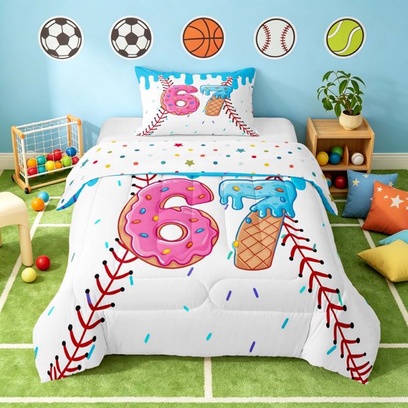 Manfei 67 Twin Comforter Sets, Cartoon Baseball Bedding Set, HotPink Cyan White, Polka Dots Reversible 2pcs 1 Comforter and 1 Pillowcase