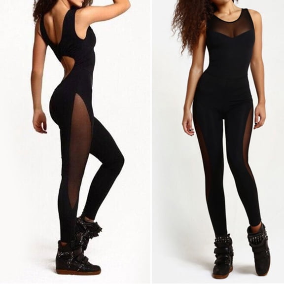 Joernso Women Sportswear Mesh Patchwork Hollow Out See Through Jumpsuit for Gym