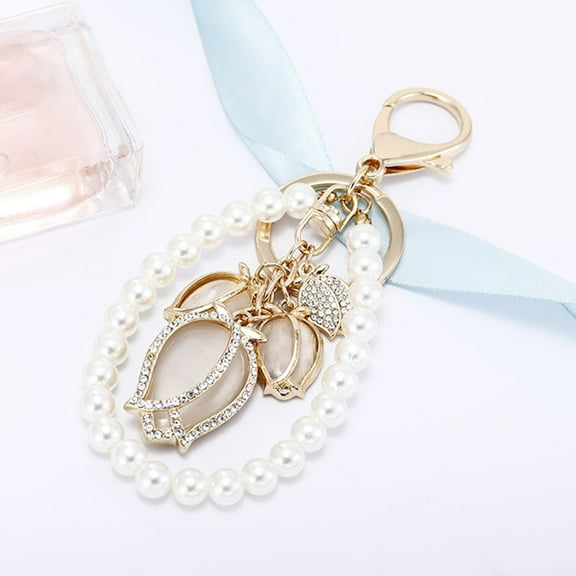 TEHAUX 1Pcs Golden Pearl Wrist Keychain with Rhinestone for Daily Use