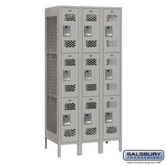 12" Wide Triple Tier Vented Metal Locker - 3 Wide - 6 Feet High - 18 Inches Deep - Gray - Unassembled