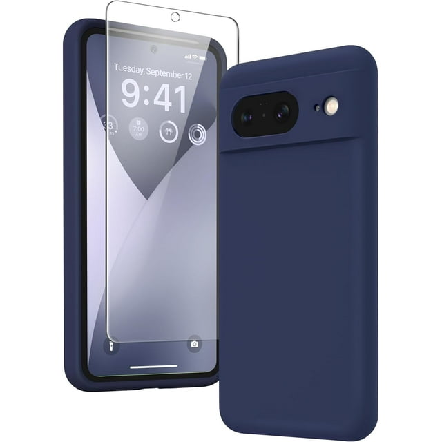 KOMI for Google Pixel 8 Case, Liquid Silicone Case with 2X Screen Protectors, Full Body Protective Cover, Shockproof, Slim Phone Case, Anti-Scratch Soft Microfiber Lining 6.2", Midnight Blue
