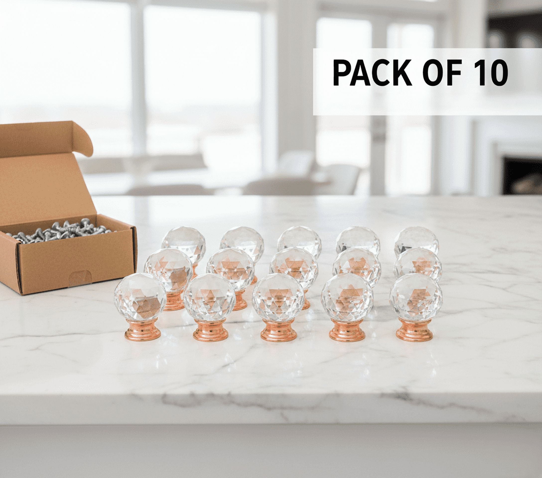 Boahaus Rose Gold Crystal Ball Cabinet Knobs Set of 10 with 1-Inch Diameter Glamorous Drawer Pulls