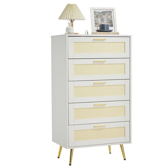 43inch 5-Drawer Modern Rattan Dresser with Metal Handles & Splayed Legs MDF Tall Chest of Drawers for Bedroom, Entryway & Living Room Storage White