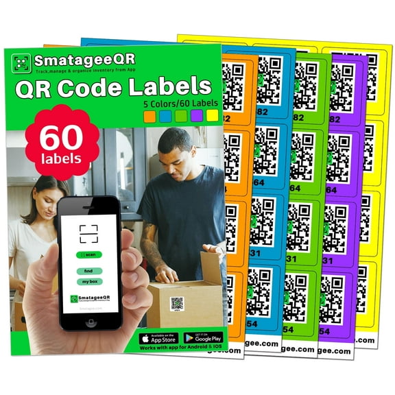 60 Pcs Smatagee Color Coded QR Code Labels for Storage Bins,Moving and Organization | Pack and Track Inventory on iOS,Android App| 60 Unique Stickers(2.6"x2.6") - Bright