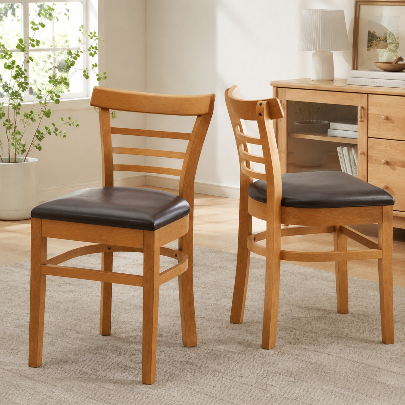 Furnibear Wooden Dining Chairs Set of 2 with Faux Leather Seats and Rubber Wood Legs for Restaurant Kitchen and Dining Room, Brown