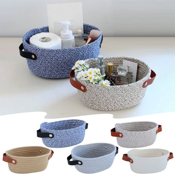 Cesta de almacenamiento de cuerda tejida a mano con asas de cuero • Contenedor organizador de 9,1" x 11,8" x 4,7" para entrada, salón, dormitorio • Blanco, azul marino, caqui, gris, marrón