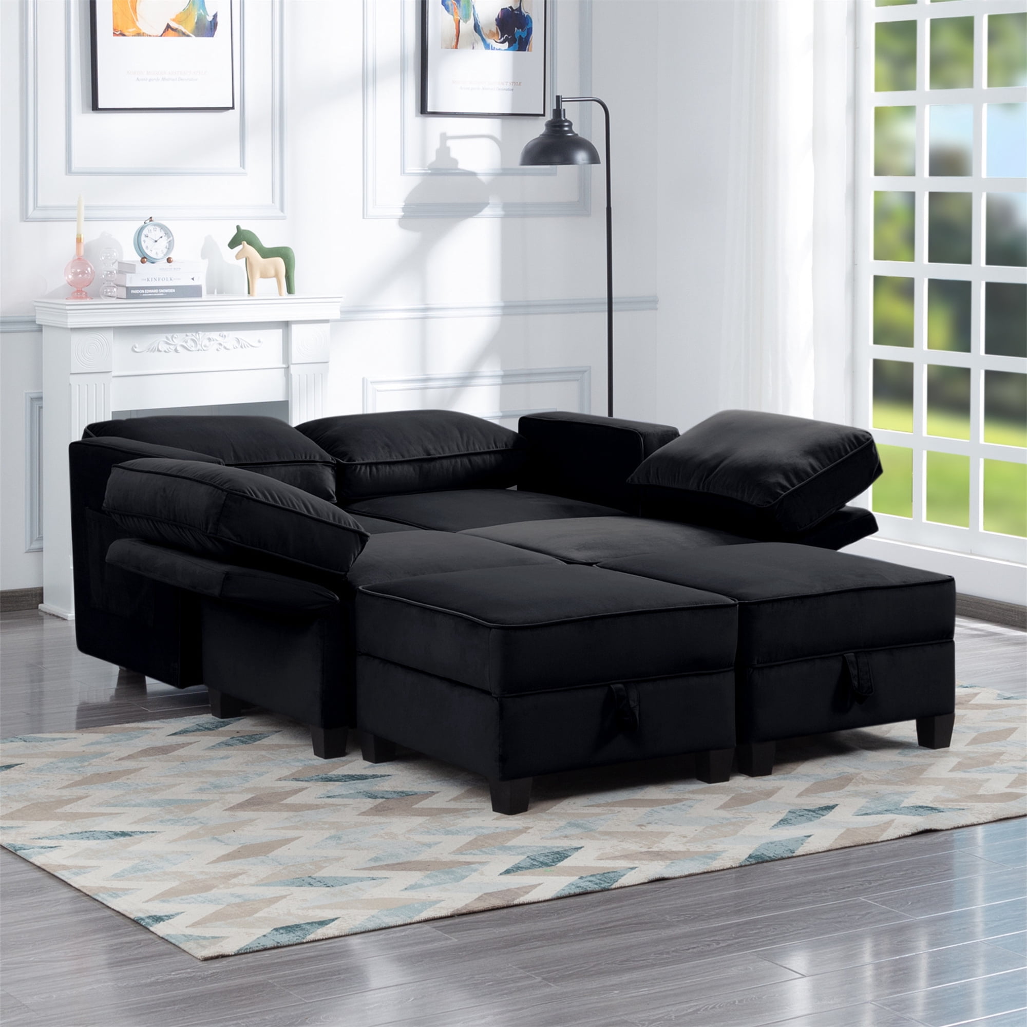 Aukfa 116" Velvet Storage Sectional Couch for Living Room, Modular Sleeper Sofa U-Shaped Sofa, Black