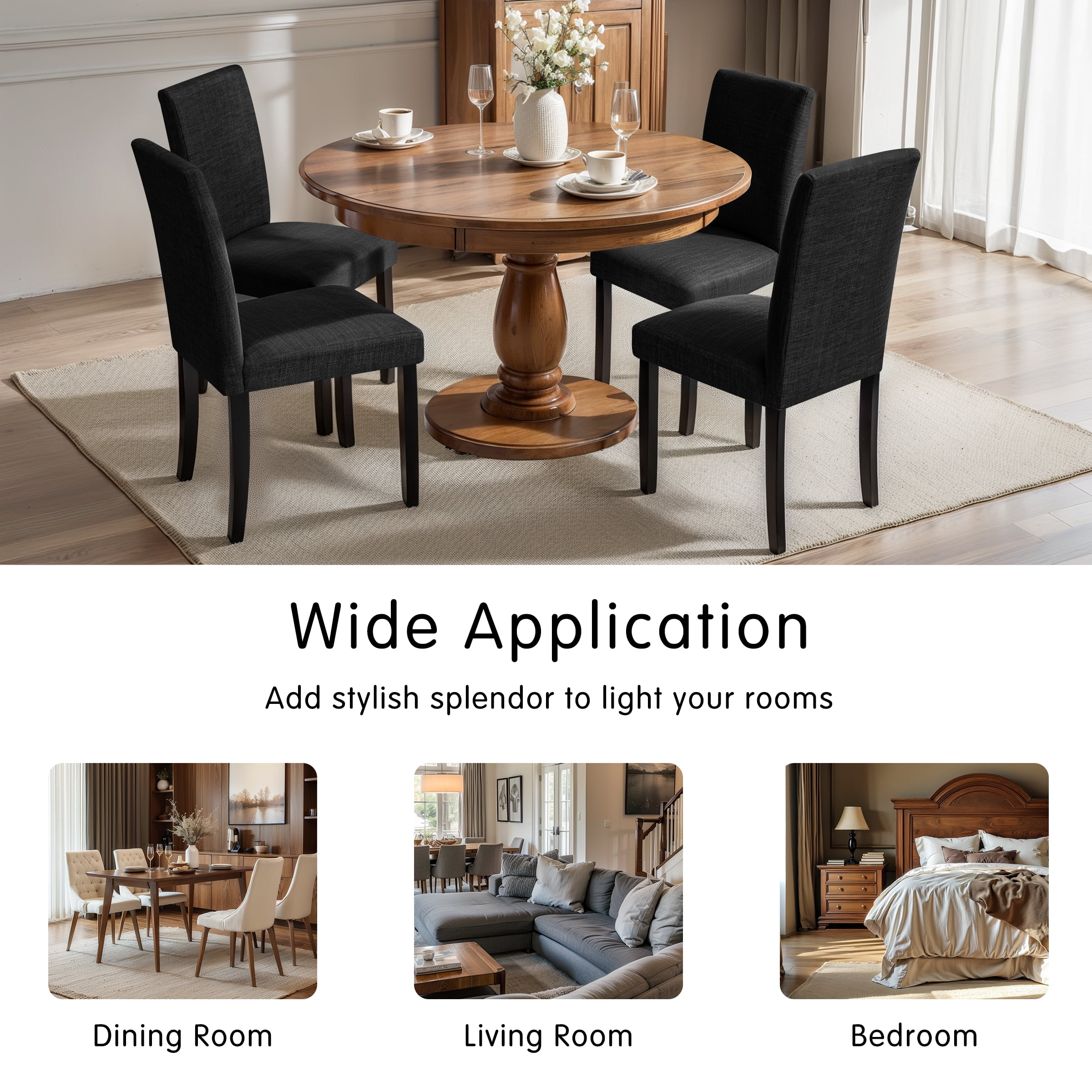Set of 4 Upholstered Linen Fabric Dining Chairs with Solid Wood Legs for Kitchen Dining Room, Black