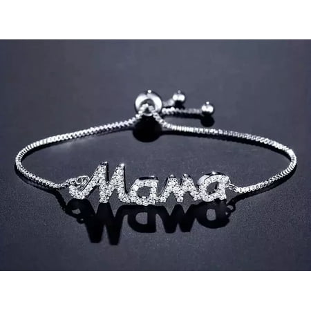 MAMA Bolo Bracelet with 2.00Ct Round Cubic Zirconia, 14k White Gold Plated Sterling Silver, Adjustable Gift Jewelry