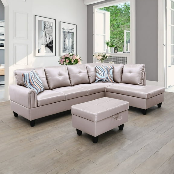 Mardelle 97" Wide Faux Leather 3 Pieces Right Facing Sofa Set With Ottoman