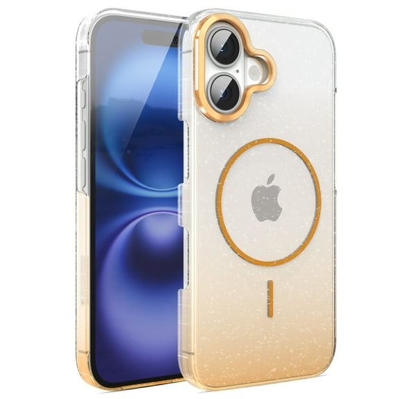 Magnetic For iPhone 17 Phone Case,Luxury Bling Sparkly Gradual Transparent Glitter Design,Compatible with Mag-safe,Women Girl Shockproof Anti-fall Thin Fit Rugged Phone Case,Gold