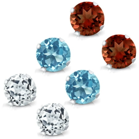 - Sterling Silver 4mm Blue Topaz, White Topaz and Garnet Stud Earrings Set of 3