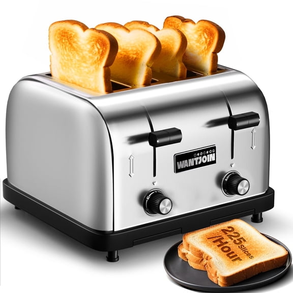 WantJoin Commercial 4-Slice Toaster, 1800W 225 Slices/Hour with 1.57 Inch Wide Slots, 6-Level Setting & Removable Crumb Tray, Stainless Steel for Restaurant Breakfast (Bread, Bagels)