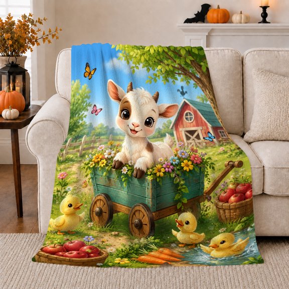 Cute young animal Goat Flower Wagon Farm Scene Ducklings, Festive Holiday Scene, Warm Flannel Blanket for Ranch House and Living Room, Horse Lovers Housewarming Gift, Rustic Home Decor