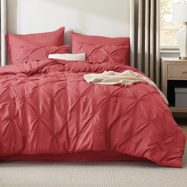 Juego de edredón Bedsure Queen de color rojo coral con 7 piezas