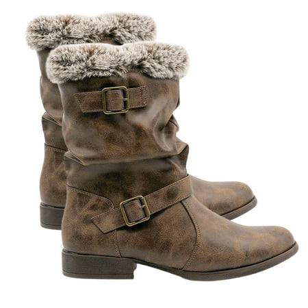 

QCTime Faux Leather Shoes Artificial Short Plush Non-slip Comfortable Mid-tube Plush Boots