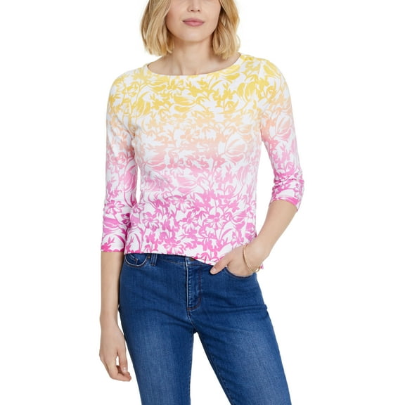 Charter Club Cotton Printed Boat Neck Top Pink Shock Combo L