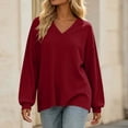 thumbnail image 7 of Otvok Winter Women Waffle Knit Top, V‑Neck Drop‑Shoulder Long Sleeve Loose Casual Pullover Shirt, 7 of 7
