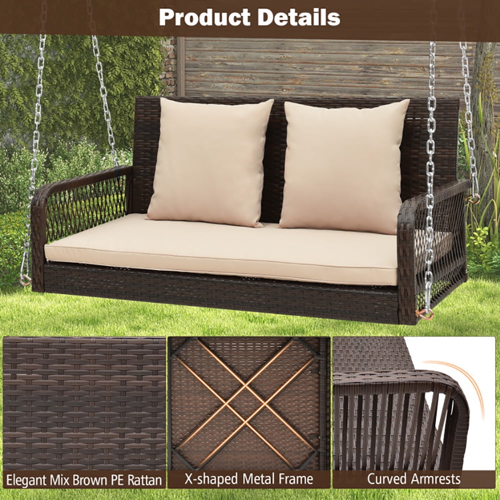 Aimee Lii 2-Person Outdoor Wicker Porch Swing with Seat and Back Cushions, Swing Chair Outdoor, Beige