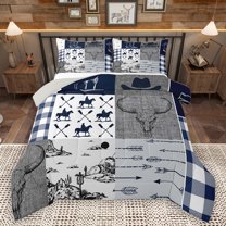 Homewish Tribal Sheep Skeleton Queen Comforter Set, Grey Navy Buffalo Bedding Sets, Rustic Western Hunting Reversible Bedding Comforter Set, Microfiber Bedroom Decor, 3pcs