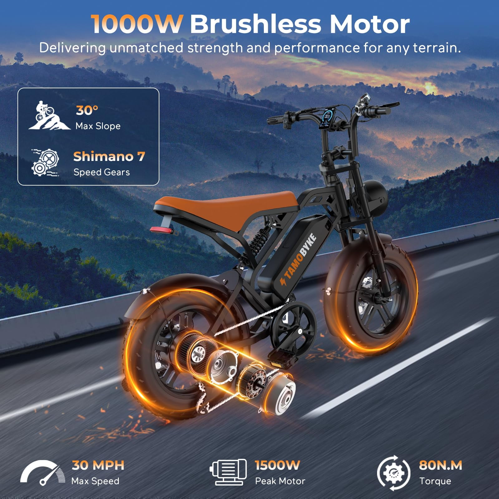 Tamobyke T16 Electric Bike for Adults,1000W 30mph 48V 15.6Ah Electric Bicycle,16" Fat Tire E-Mountain Bikes,Dual Hydraulic Brakes,Full Suspension,Fits Riders 5'0"-5'7",UL2849