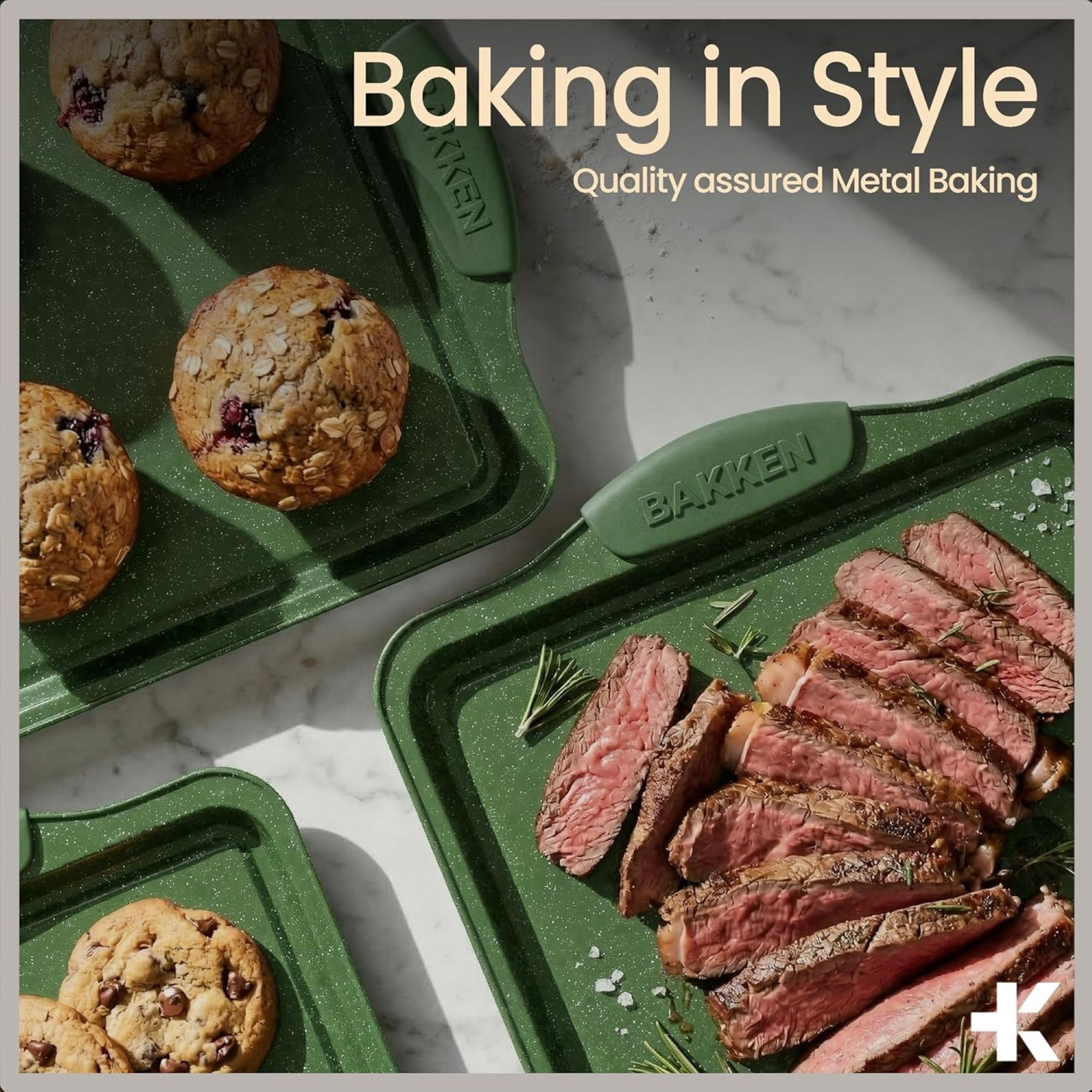 Bakken- Swiss Kitchen Baking Pan Set - Nonstick Green Marble Coating, Carbon Steel Bakeware Sets with Green Silicone Handles, Kitchen Essentials, Oven Safe (Up To 450° F), Set of 3