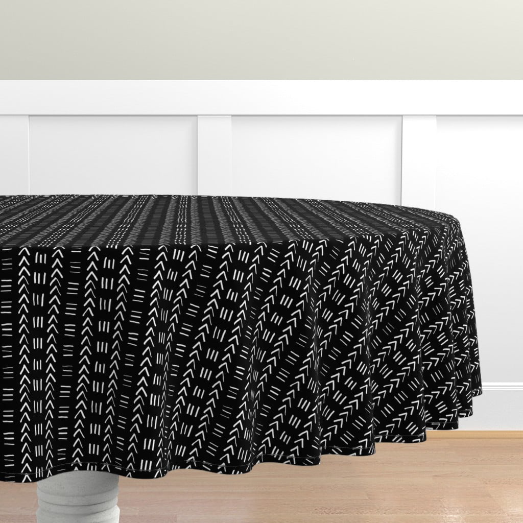 Cotton Sateen Tablecloth, 70" Round Mudcloth Black White Boho Africa