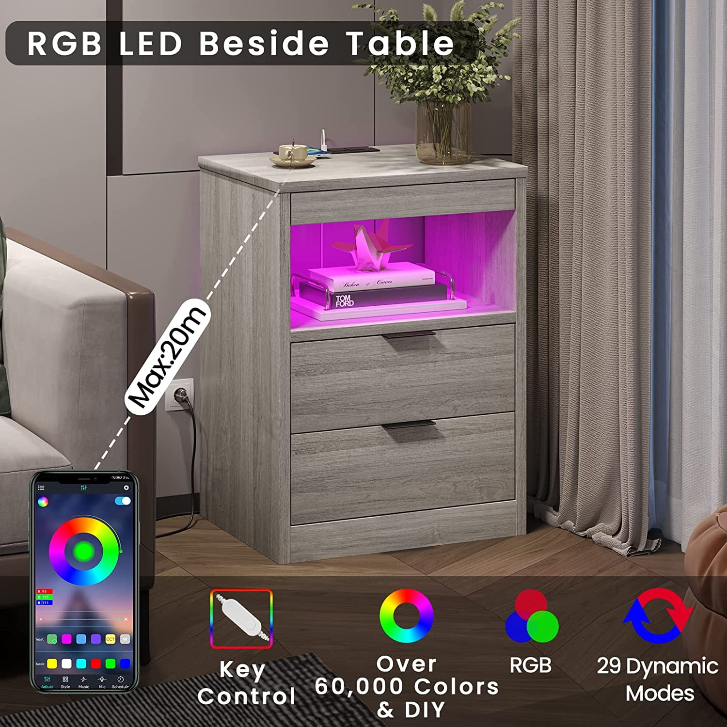 Set of 2 Night Stand with 2 Drawers and Open Storage,Smart Nightstand with Wireless Charging Station and LED Lights,Bedside Table with Drawers and Storage Pull-Out Shelf,Grey