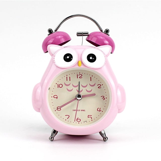 Despertador para niños, lindo búho de dibujos animados, despertador con campana ruidosa, reloj de escritorio sin tic-tac con luz nocturna rosa