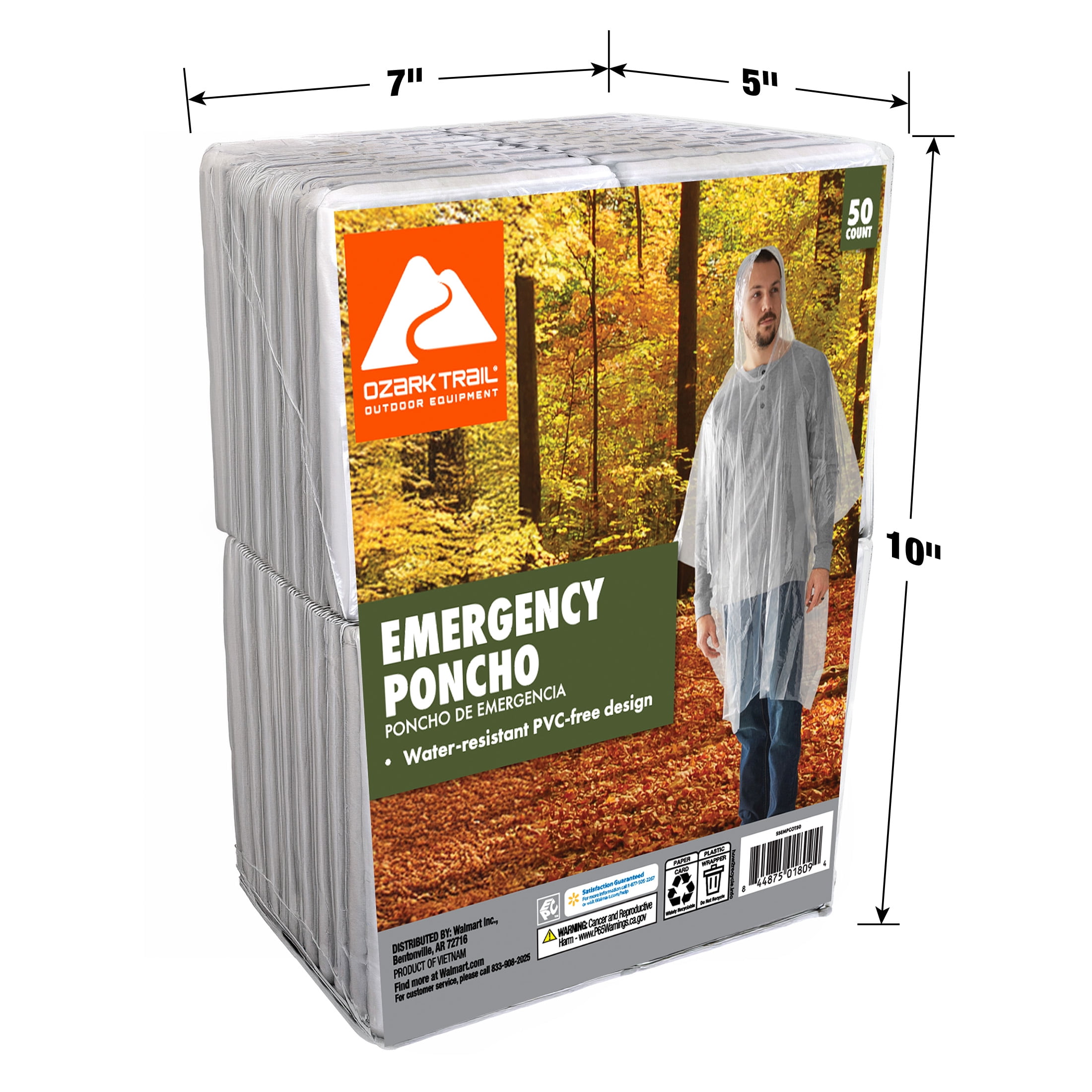 Ozark Trail Emergency Rain Ponchos, Clear, 50 Count