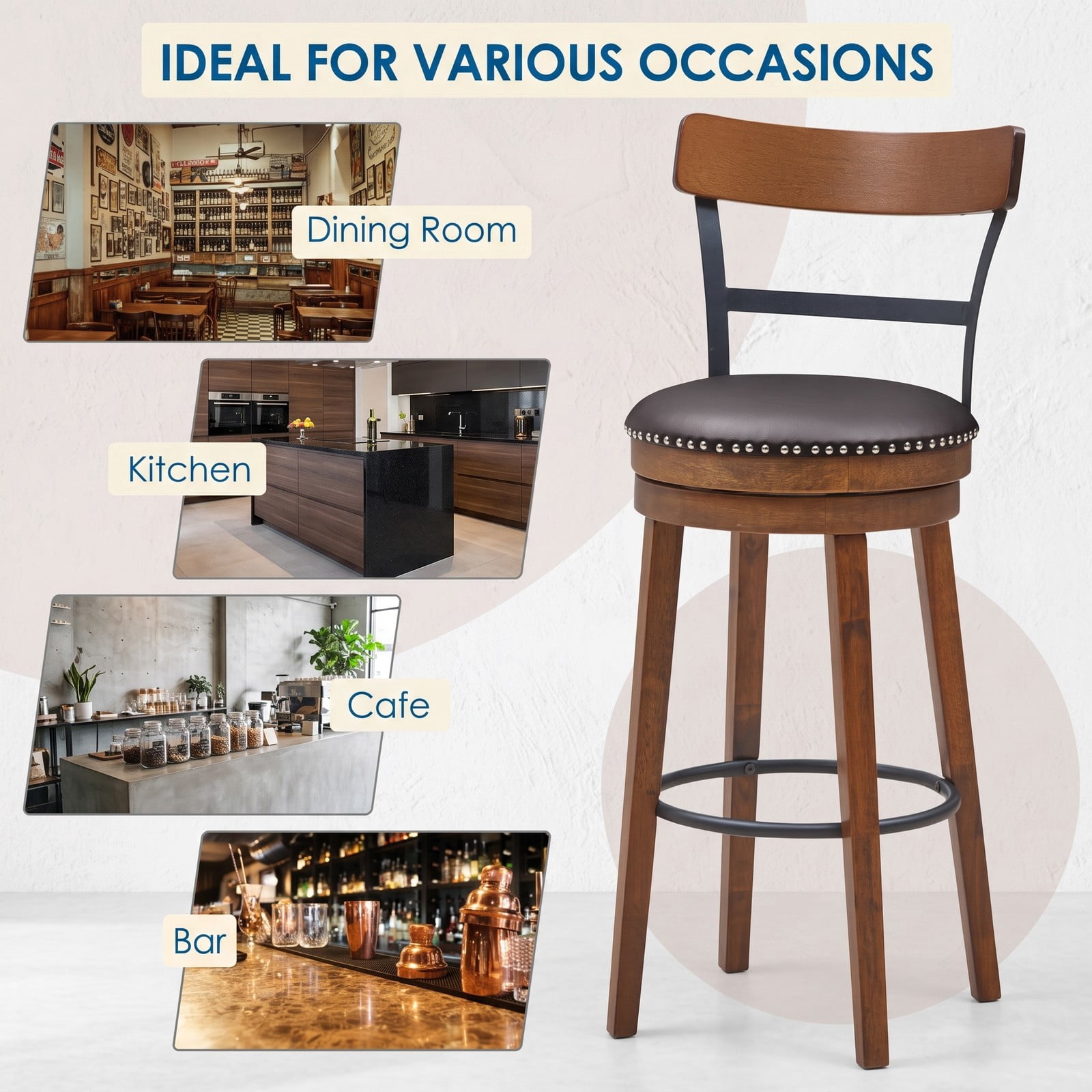 Furnibear Set of 2 30.5 Inch Swivel Pub Height Bar Stools, Rubber Wood Counter Bar Chairs with PVC Leather Padded Seat, Ergonomic Backrest and Anti-Slip Foot, Brown