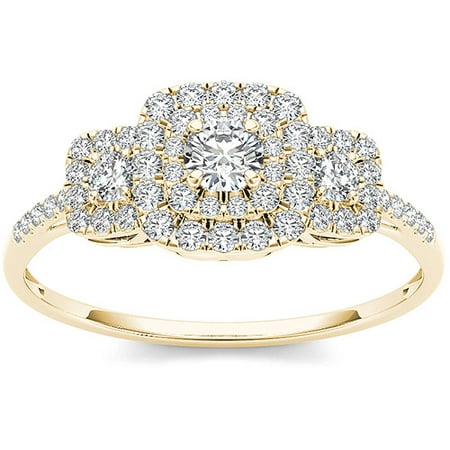 1/2 Carat T.W. Diamond 10kt Yellow Gold Double Halo Three-Stone Look Engagement (Best Looking Engagement Rings)