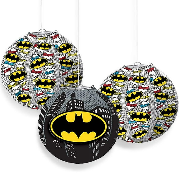 Amscan Batman Heroes Unite Multicolor Lanterns - 23.25" x 9.5" (3 Pcs) - Paper with Metal Frame Hanging Decorations Set for Kids Parties & Birthdays