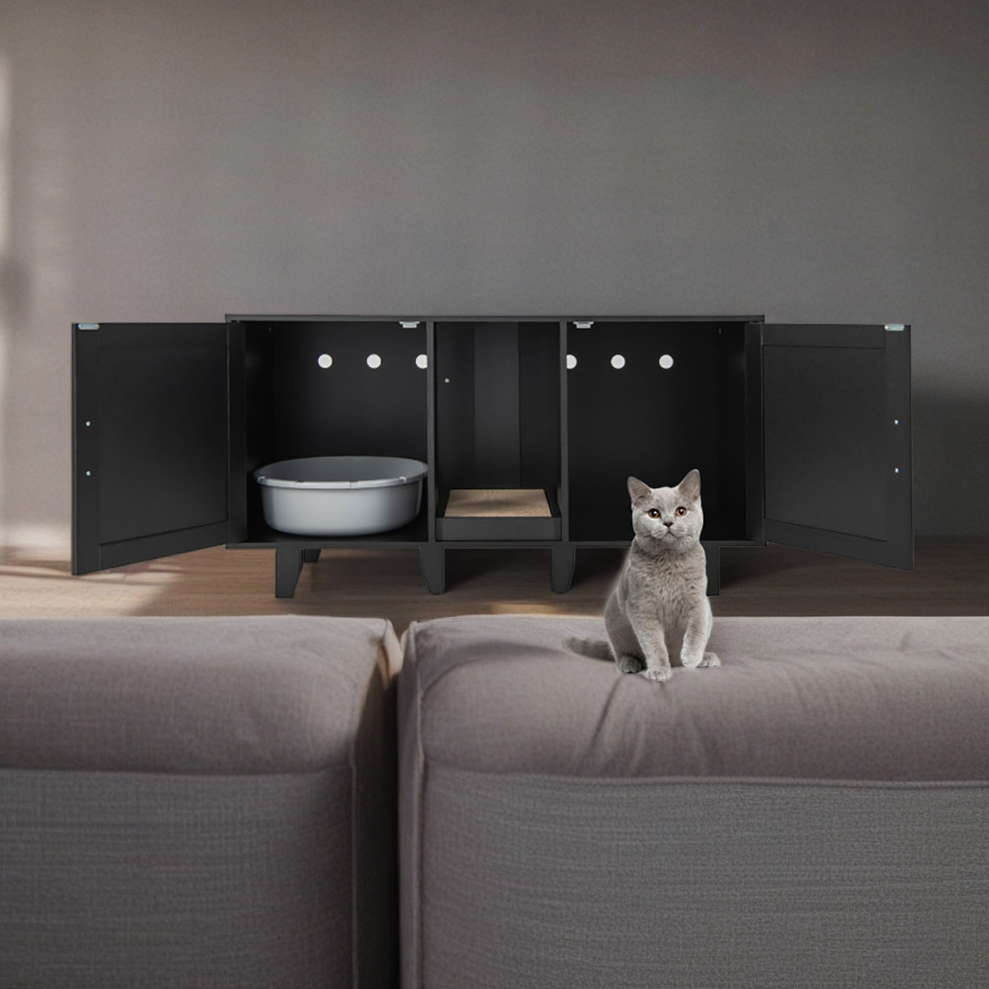 resenkos 47" 2-Door Cat Litter Box Enclosure with Winding Entry and Scratching Board, Hidden Cat House Washroom Furniture, Black