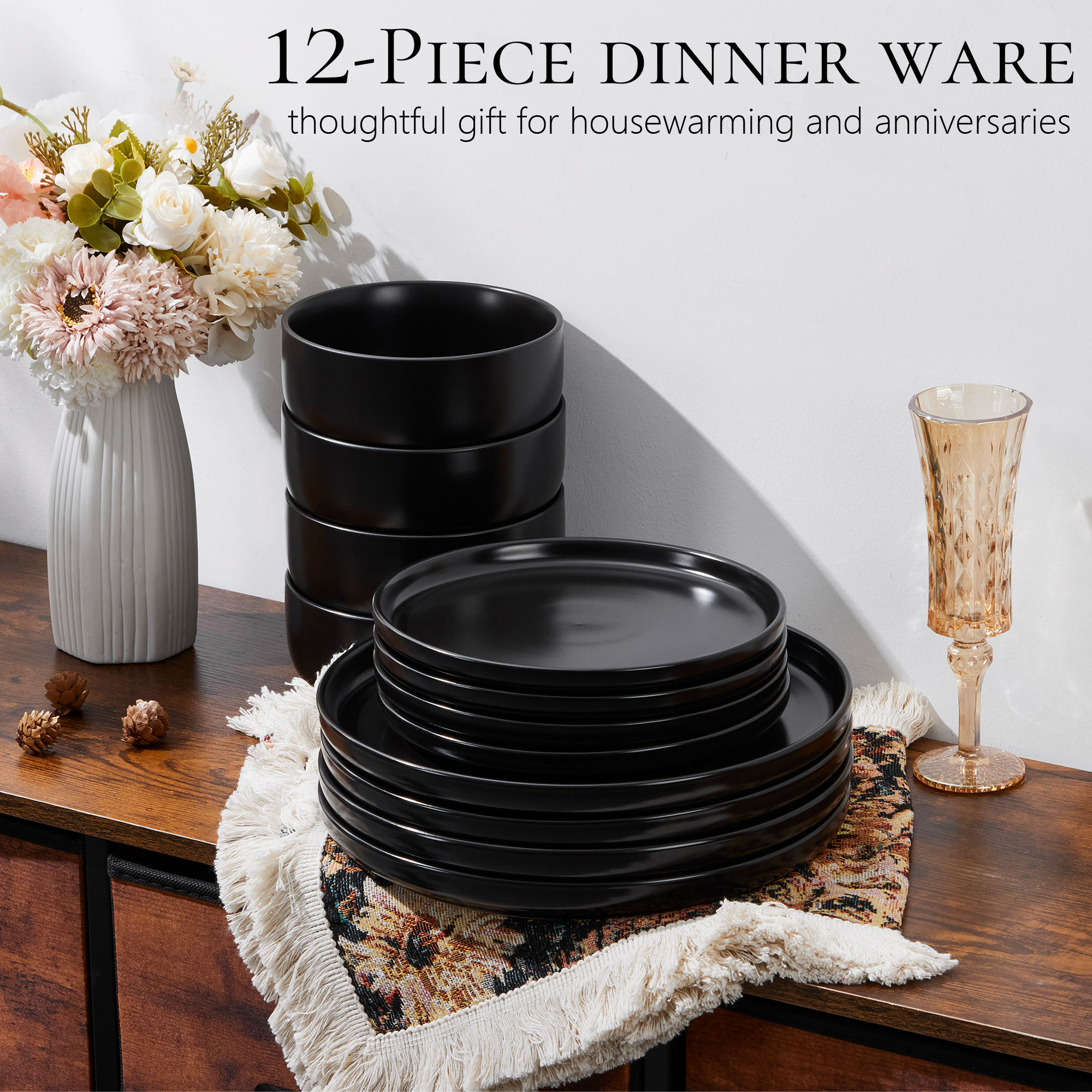 Vesteel Stoneware Dinnerware Set for 4, 12-Piece, Matte Black photo 5