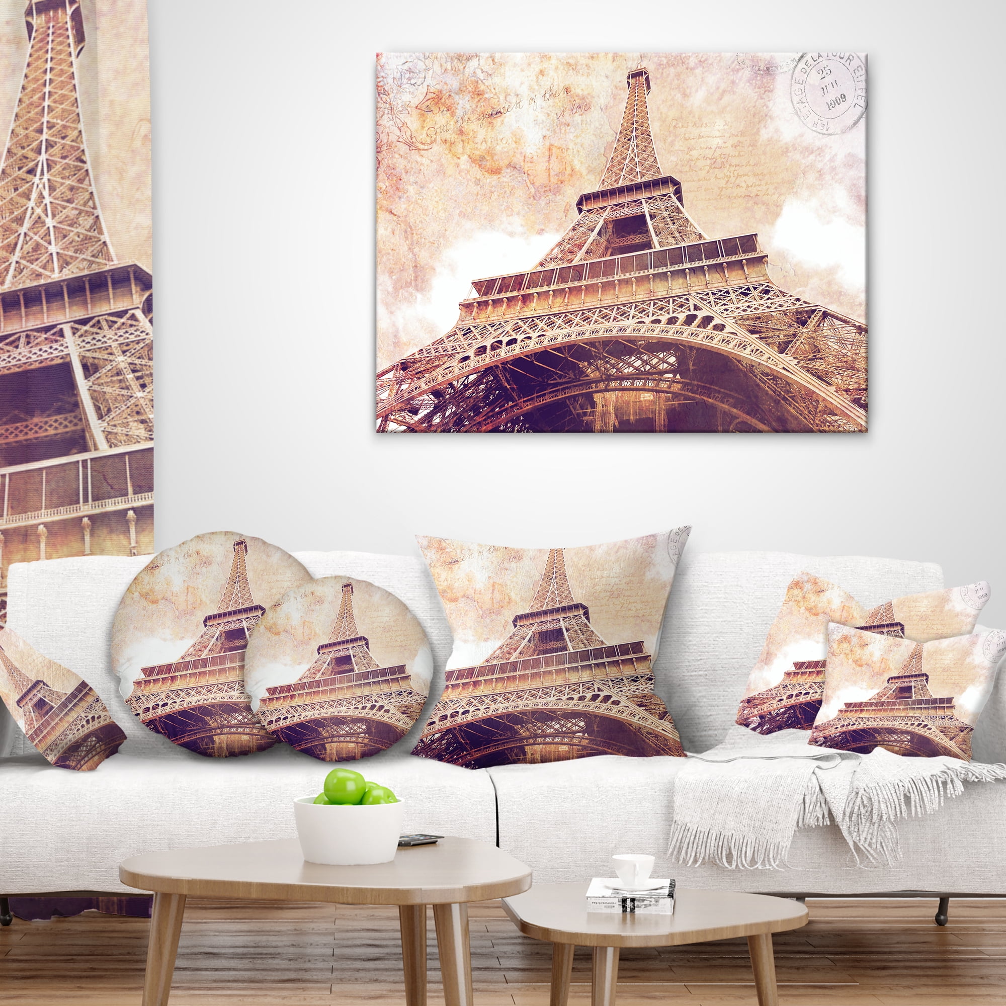 Designart Paris Paris Eiffel TowerParis Postcard Design - Cityscape Throw Pillow - 16x16