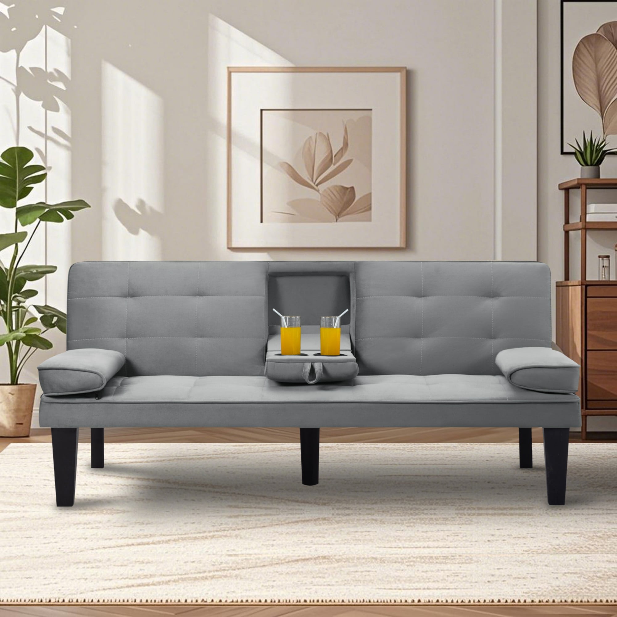Gewnee 65''Futon Sofa Bed,3-Position Adjustable Folding Multi-Functional Sleeper Sofa with Cup Holder,Suitable for Living Room,Office and Guest Room.(Light Grey)