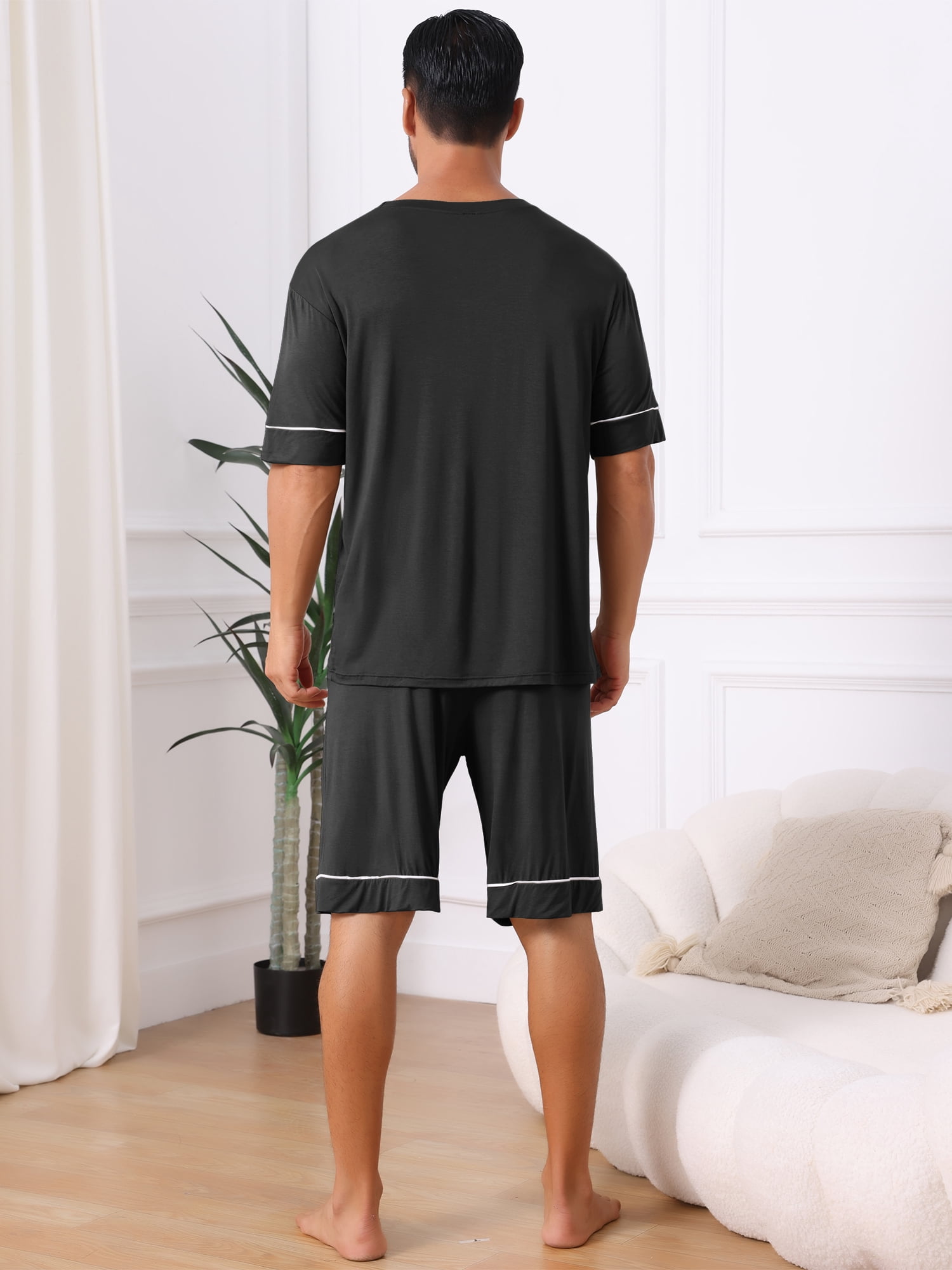 DARING DIVA Men's Soft Nightwear Summer Crew Neck Pajama Set with Pockets L Black