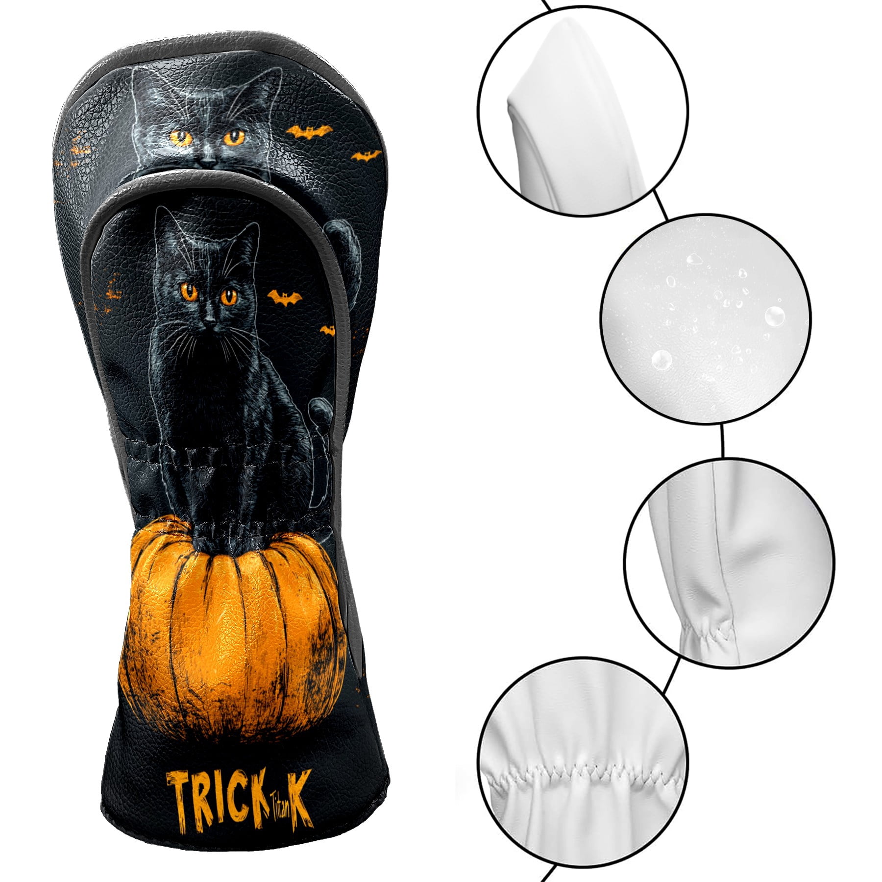 Golf Club Covers PU Leather Waterproof Head Covers for Fairway Woods Hybrids Pumpkin Black Cat